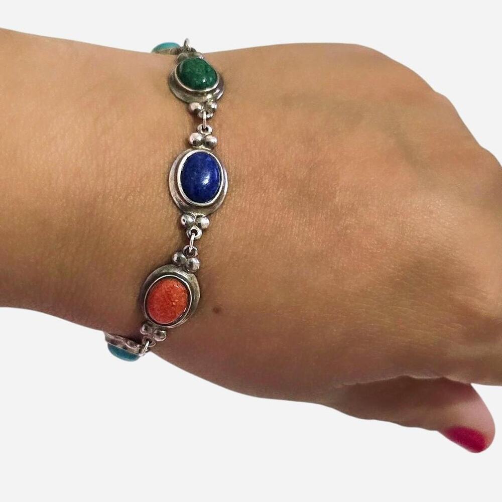 Vintage CCC Sterling Silver Multi-Stone Cabochon Link Bracelet